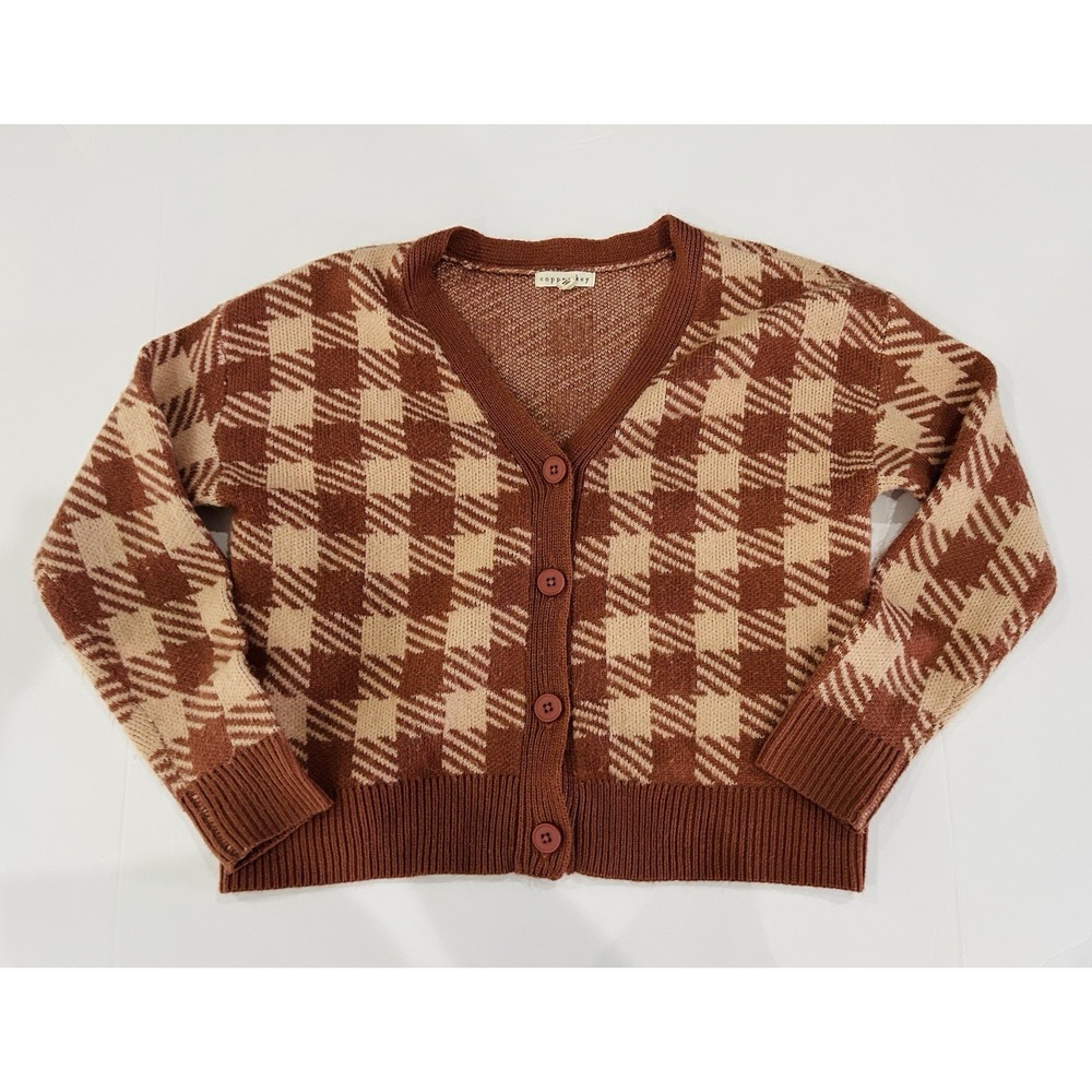 Copper Key Girls Button Up Sweater Cardigan Size L Pink Houndstooth Check Preppy